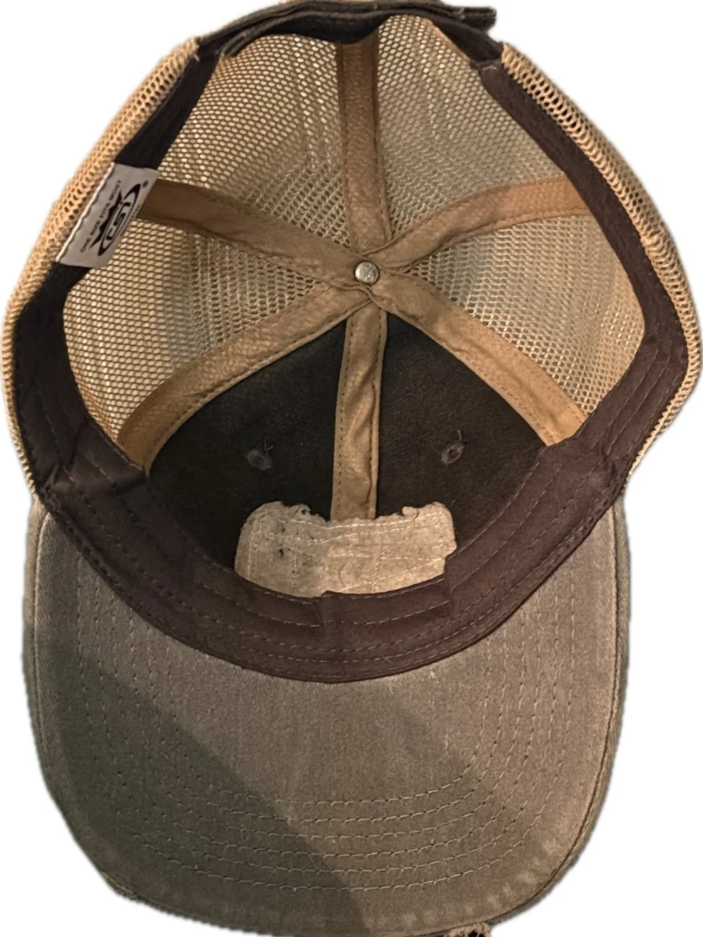 Try That Small Town Distressed Trucker Cap - Denim / Beige Mesh